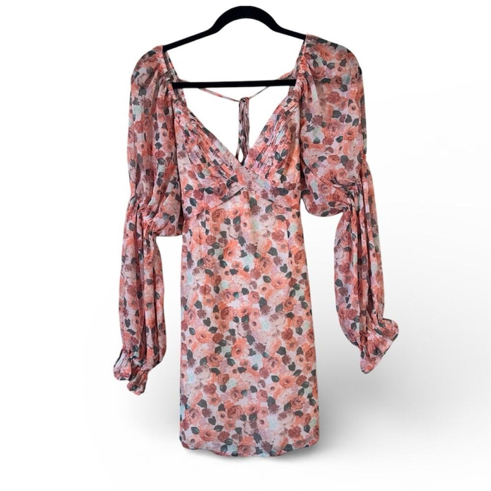 Lena Pink Orange Floral Boho Mini Dress Womens M Balloon Sleeve Spring Baddie